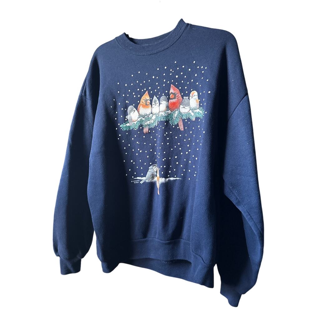 Vintage Bird Sweatshirt XL Navy Chickadee Cardinal Winter Holiday Snow